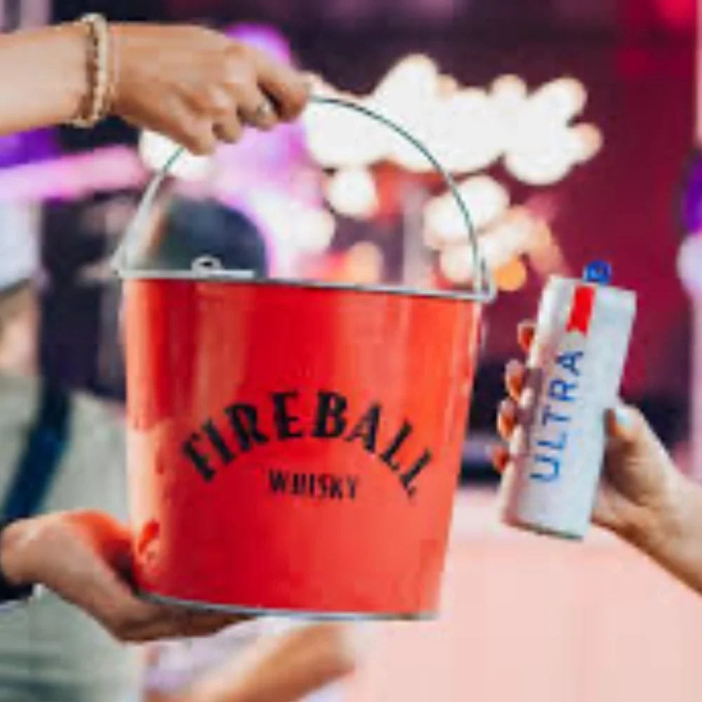 Fireball Red‎ Galvanized Metal Canister Bucket & 3 shot Fireball and T Shirt